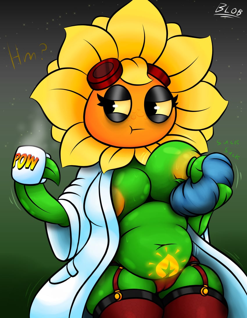 baby big_breasts blobslimey breastfeeding chubby coffee female green_skin peashooter_(pvz) plants_vs_zombies:_heroes pubic_tattoo red_lingerie solar_flare_(pvz) tired tired_eyes white_robe