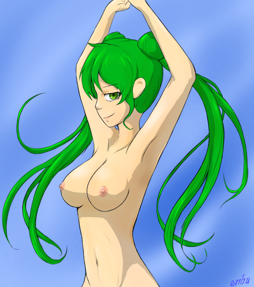 1girls armpits arms_up bare_arms bare_midriff blue_background breasts completely_nude dancer dancing enbu fire_emblem fire_emblem:_genealogy_of_the_holy_war green_eyes green_hair long_hair medium_breasts midriff nintendo nipples nude nude_female silvia_(fire_emblem) smile smug solo twintails