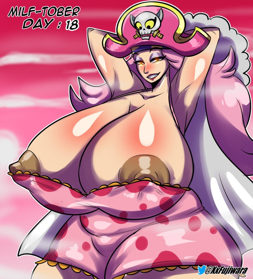 big_ass big_breasts big_butt big_nipples charlotte_linlin dark_nipples female female_only hands-free looking_at_viewer milf one_piece pink_hair pirate pirate_hat tight_clothing tight_fit xxfujiwaraxx yellow_eyes young_big_mom