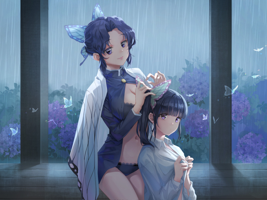 2girls bangs black_bra black_hair black_panties bottomless bra butterfly butterfly_hair_ornament cleavage dark_hair demon_slayer detailed_background female female_only haori hydrangea kimetsu_no_yaiba kirahana kochou_shinobu lace-trimmed_bra lace-trimmed_panties looking_at_viewer open_clothes panties partially_undressed ponytail purple_eyes purple_hair rain raining side_ponytail sisters smile tsuyuri_kanao