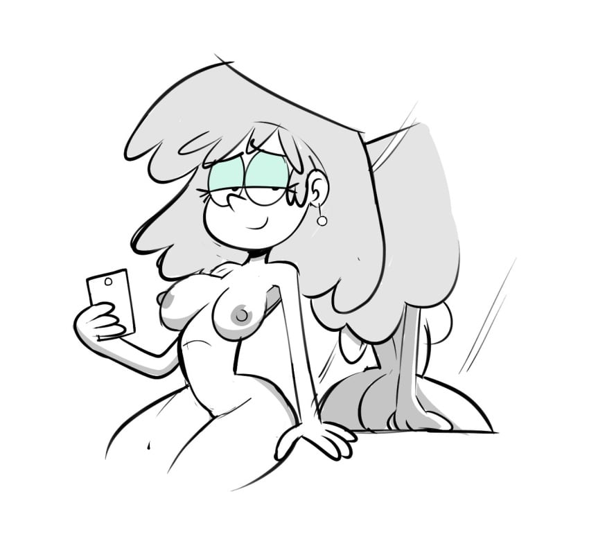 aged_up bedroom_eyes breasts earrings female lori_loud mirror nickelodeon nude nude_female selfie short_hair smartphone sweet_dandy the_loud_house thighs