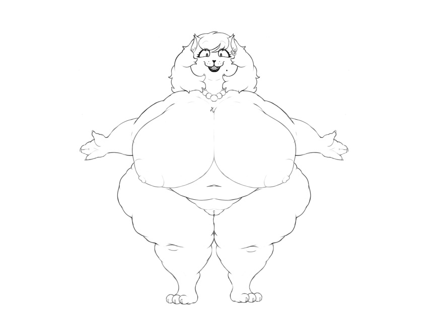 absurd_res anthro areola bead_necklace belly big_belly big_breasts black_and_white breasts catty_(undertale) cellulite chubby_cheeks claws curvy_figure deep_navel deltarune domestic_cat dorkass ear_piercing ear_ring fangs felid feline felis female flabby_arms front_view genitals hair hi_res huge_breasts huge_hips huge_thighs hyper hyper_breasts jewelry lips lipstick looking_at_viewer makeup mammal markings mascara mole_(marking) monochrome morbidly_obese morbidly_obese_anthro morbidly_obese_female navel necklace nipples nude obese obese_anthro obese_female open_mouth open_smile overweight overweight_anthro overweight_female piercing pussy simple_background smile solo standing t-pose thick_bottom_lip thick_thighs undertale video_games voluptuous wide_hips