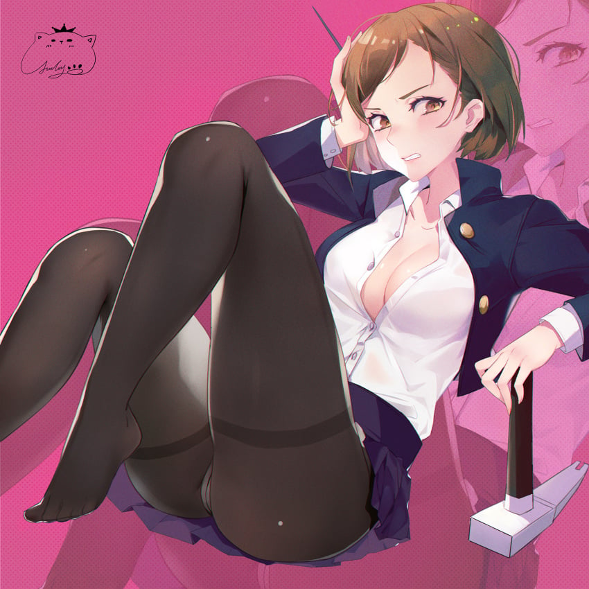 blush breasts brown_eyes brown_hair cleavage female gakuran hammer hand_on_own_head high_collar highres holding holding_hammer holding_nail jiujiuyatou_(yayanzz) jujutsu_kaisen jujutsu_tech_uniform knees_up kugisaki_nobara nail pantyhose school_uniform signature skirt solo thighband_pantyhose unbuttoned unbuttoned_shirt zoom_layer