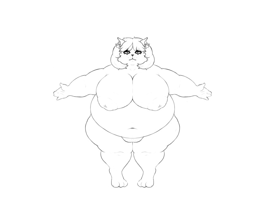 absurd_res anthro areola belly big_belly big_breasts black_and_white bodypaint breasts catti_(deltarune) chubby_cheeks curvy_figure deep_navel deltarune domestic_cat dorkass ear_piercing ear_ring eyeshadow face_paint fangs felid feline felis female flabby_arms front_view frown genitals hair half-closed_eyes hi_res highlights_(coloring) huge_breasts looking_at_viewer makeup mammal mascara monochrome morbidly_obese morbidly_obese_anthro morbidly_obese_female narrowed_eyes navel nipples nude obese obese_anthro obese_female overweight overweight_anthro overweight_female piercing puffy_nipples pussy simple_background solo standing t-pose thick_thighs video_games voluptuous whiskers wide_hips