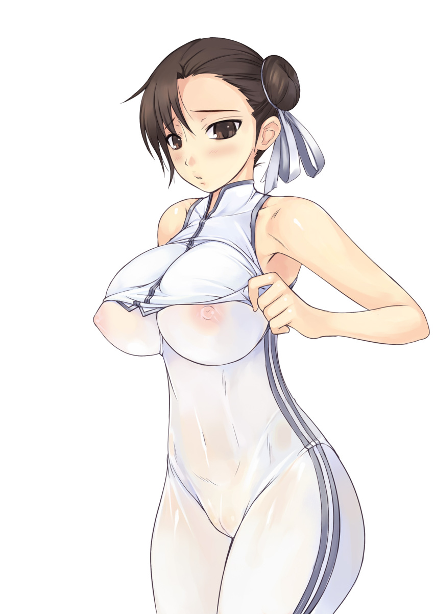 amei_sumeru bodysuit breasts brown_eyes brown_hair cameltoe chun-li double_bun female highres large_breasts nipples see-through sheer_bodysuit short_hair solo street_fighter unitard white_background white_bodysuit white_theme