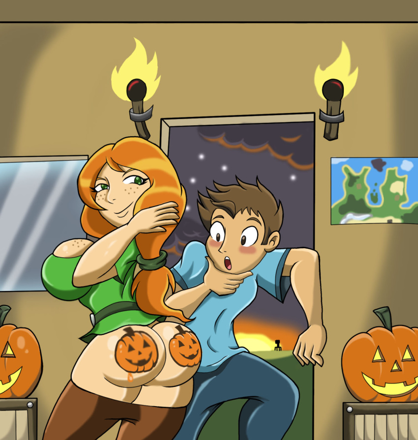 1boy 1girls alex_(minecraft) ass ass_focus bottomless breasts freckles freckles_on_breasts halloween hand_on_chin looking_down minecraft orange_hair painted_butt pumpkin_butt shirt size11shaolins steve_(minecraft) thick_thighs