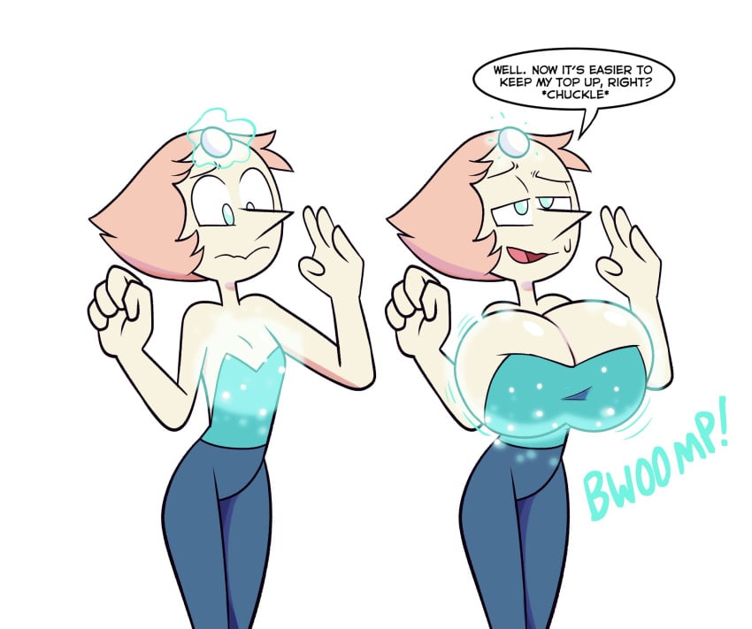 big_breasts breast_expansion cartoon_network clothing english_text female gem gem_(species) pants pearl_(steven_universe) smile solo solo_female steven_universe sweetdandy text transformation_(body_part) white_body