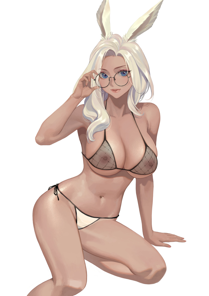 absurdres animal_ears arm_support ass avatar_(ff14) bare_arms bare_legs bare_shoulders bikini black-framed_eyewear black_bikini black_ribbon breasts cleavage collarbone commission dark-skinned_female dark_skin feet_out_of_frame female final_fantasy final_fantasy_xiv glasses hand_on_eyewear highres hongcasso large_breasts lips long_hair mismatched_bikini nipples rabbit_ears ribbon round_eyewear see-through side-tie_bikini silver_hair sitting smile solo swimsuit viera white_bikini