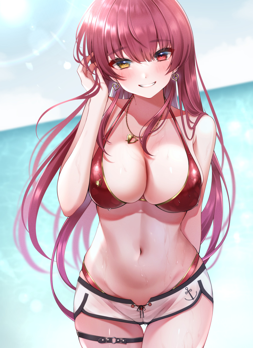 absurdres bangs bare_shoulders bikini blush breasts cleavage earrings eyebrows_visible_through_hair female heart heart_earrings heart_necklace heterochromia highres hololive hololive_fantasy hololive_japan houshou_marine jewelry large_breasts leg_garter long_hair looking_at_viewer namagome_negi navel ocean red_bikini red_eyes red_hair short_shorts shorts smile solo sun swimsuit thigh_strap thighs virtual_youtuber wet white_shorts yellow_eyes