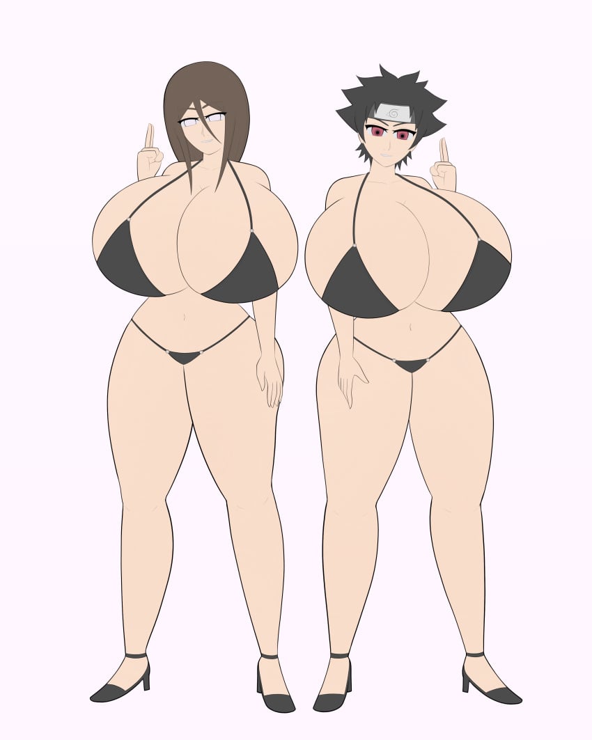 2girls alternate_breast_size baosart bare_legs big_breasts bikini bikini_bottom bikini_top black_bikini black_hair black_high_heels black_panties black_thong boruto:_naruto_next_generations brown_hair busty cleavage clothed clothing curvaceous curvy curvy_figure female female_only footwear forehead_protector g-string headband heels high_heels huge_breasts human hyper hyper_breasts hyuuga_hanabi large_breasts legs light-skinned_female light_skin long_hair looking_at_viewer micro_bikini multiple_girls naruto naruto_(series) oppai panties partially_clothed pose posing purple_eyes red_eyes revealing_clothes sarutobi_mirai short_hair shounen_jump spiky_hair standing thick_thighs thighs thong tomboy underwear voluptuous wide_hips