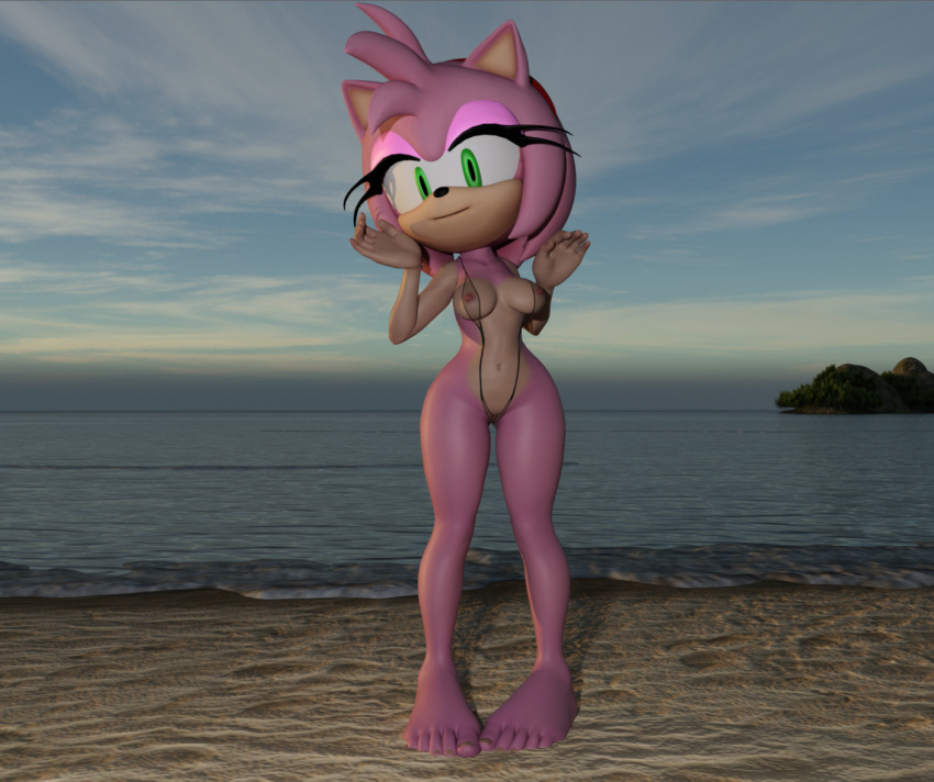 3d amy_rose beach big_breasts big_feet big_head bikini breasts cpc daz3d daz_studio green_eyes navel nipples pussy sand sex sky sonic_(series) tagme water