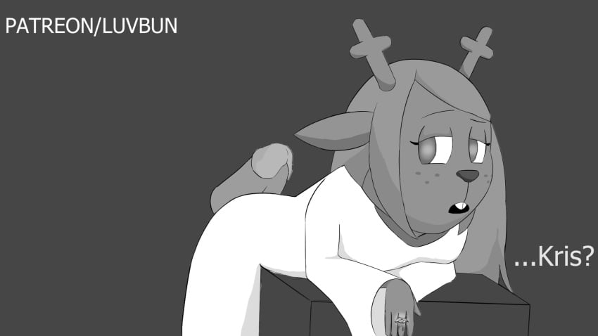 16:9 animated anthro antlers bent_over blood bodily_fluids buttjob buttjob_over_clothes capreoline cervid deltarune disembodied_penis duo empty_eyes faceless_male female freckles furry genitals greyscale highres horn hot_dogging human kris_(deltarune) lil'bun looking_back mammal monochrome noelle_holiday open_mouth penis reindeer ring short_playtime snowgrave straight white_clothing widescreen