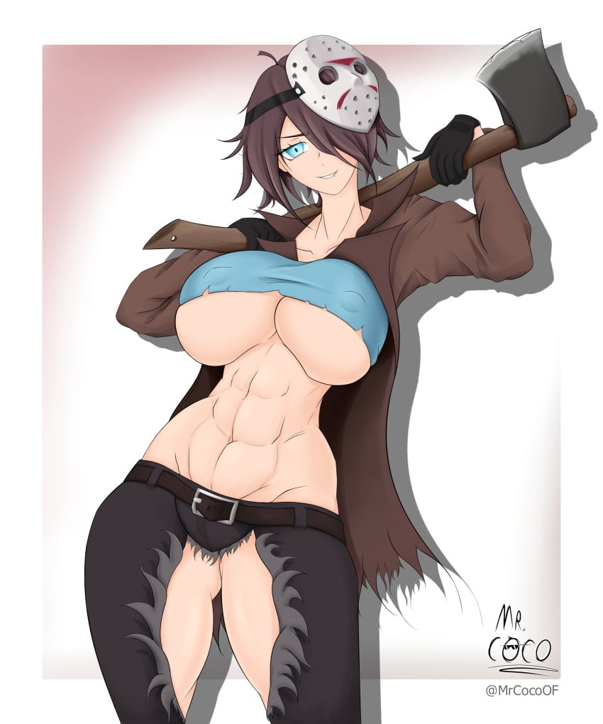 abs ass_visible_through_thighs axe big_breasts bishoujo_jason bishoujo_jason_voorhees bishoujo_terror blue_eyes breasts_bigger_than_head brown_hair female friday_the_13th genderswap_(mtf) highres hockey_mask huge_breasts jason_voorhees jessica_voorhees large_breasts looking_at_viewer mr.coco muscles muscular muscular_female nipple_bulge nipples rule_63 smiling smiling_at_viewer thick_thighs thighs underboob voluptuous wide_hips