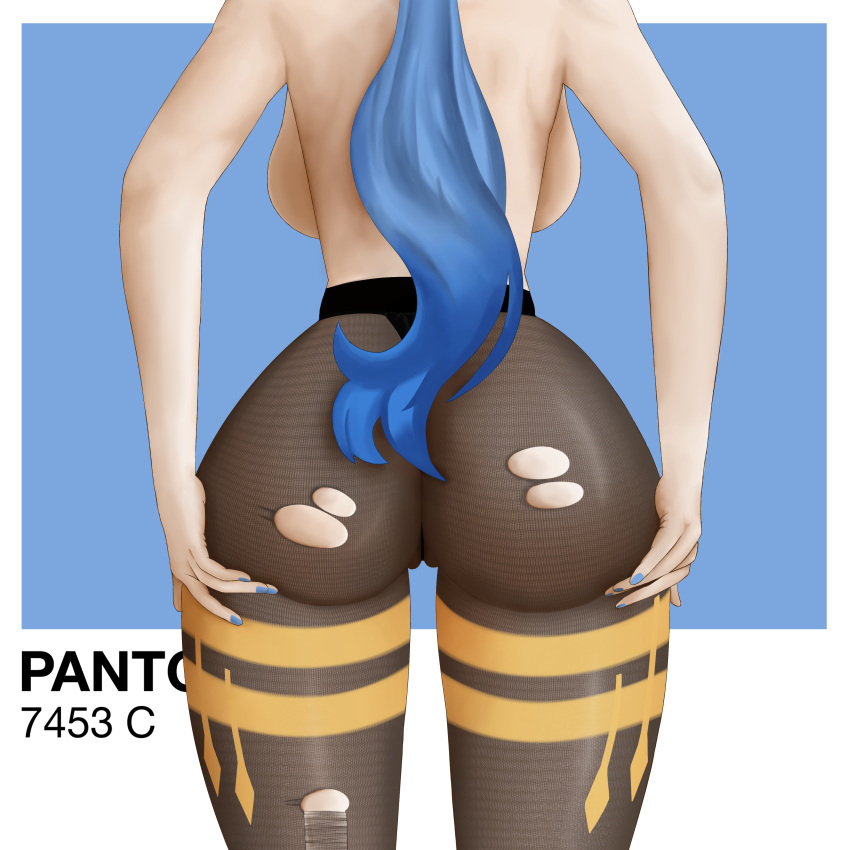 absurdres ass blue_hair blue_nails breasts female from_behind ganyu_(genshin_impact) genshin_impact head_out_of_frame highres large_breasts nail_polish pantyhose ricepanda69 solo torn_clothes torn_legwear