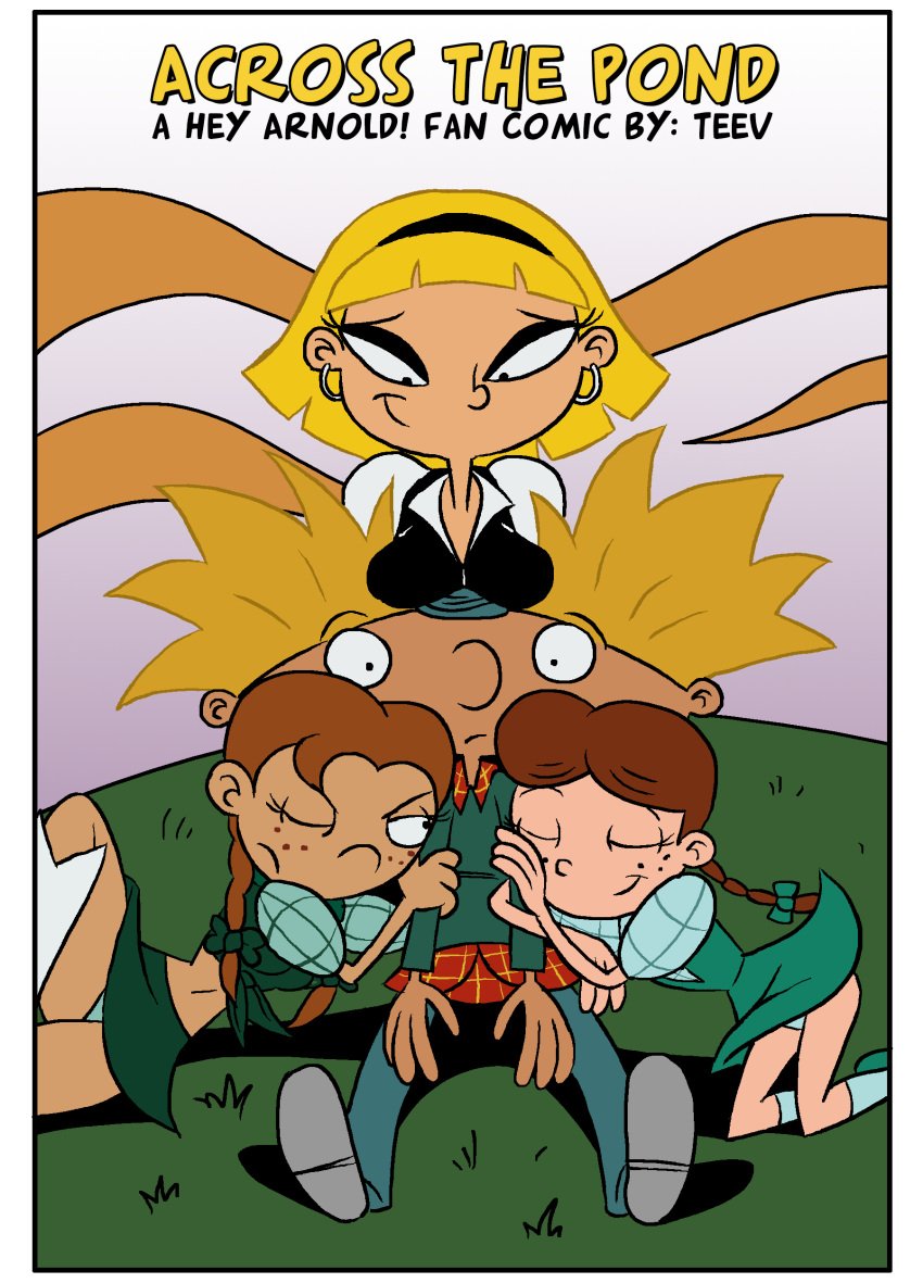 1boy 3girls arnold_shortman blonde_hair breasts brown_hair cover_page hey_arnold! lila_sawyer lulu_(hey_arnold) nickelodeon olga_pataki teev text white_background