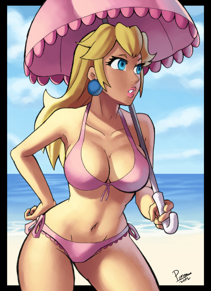 1girls absurd_res alternate_breast_size bare_shoulders bikini blonde_hair blue_eyes breasts cleavage earrings female female_only hi_res mario_(series) navel outside parsujera princess_peach side-tie_panties solo swimsuit umbrella