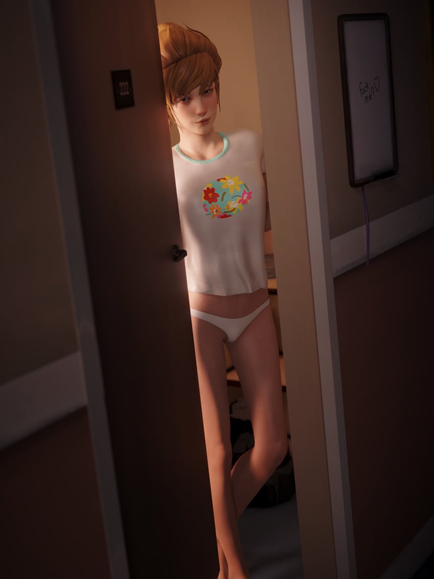 1girls 3d 3d_(artwork) bare_legs bare_midriff bare_thighs blonde_female blonde_hair clothing door doorway female female_focus female_only hi_res highres human kate_marsh koomer legs life_is_strange looking_at_viewer midriff nightwear opening_door pale_skin panties seductive seductive_look seductive_smile shirt sleepwear smile smiling smiling_at_viewer solo solo_female solo_focus tied_hair underwear white_panties