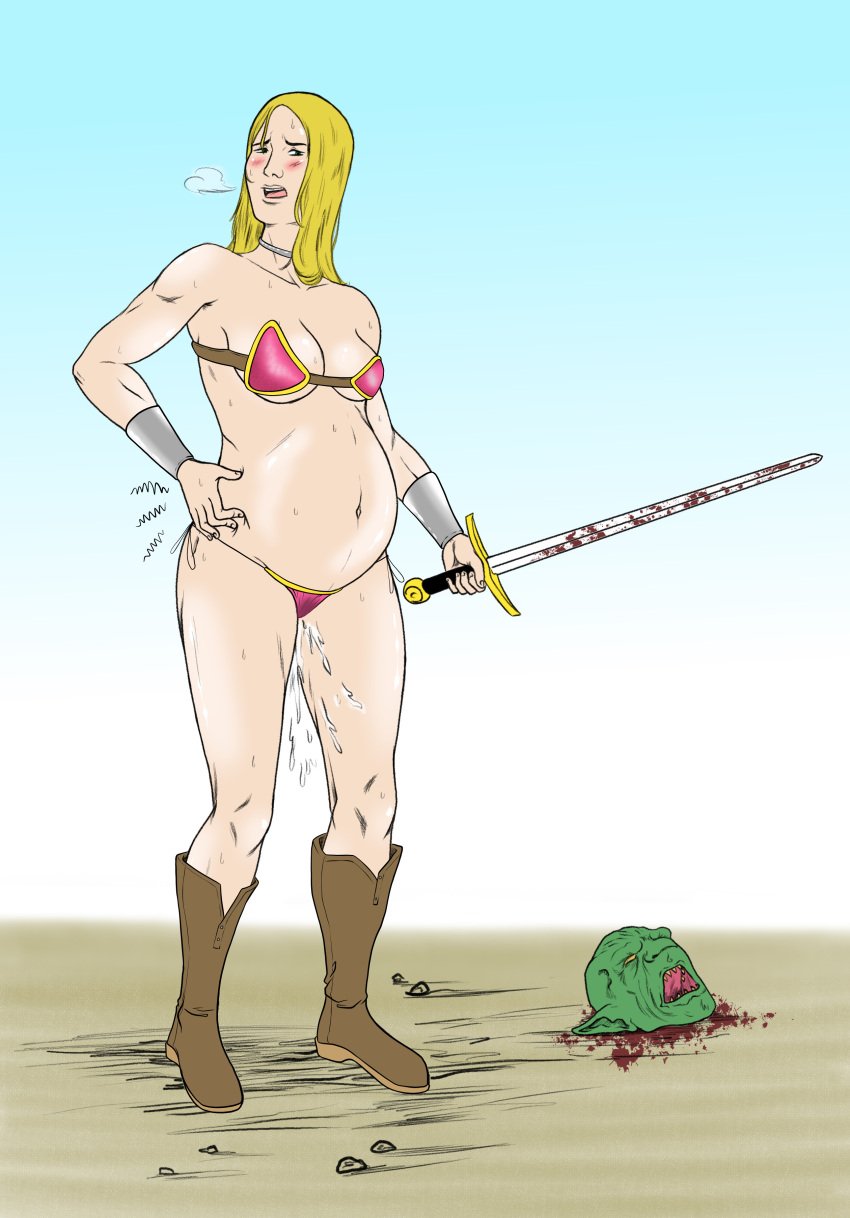 bikini_armor blood decapitation fuccbou goblin gore labor medieval pregnant pregnant_belly ready_to_pop sword water_breaking water_broke