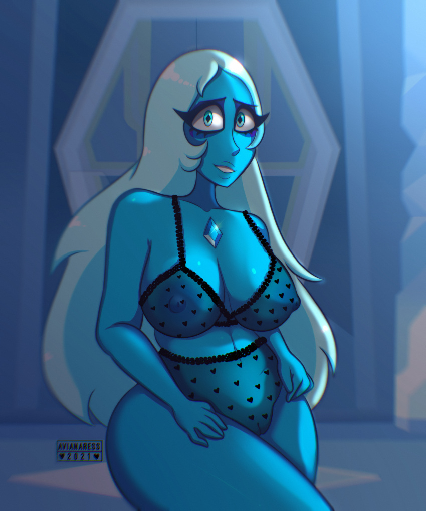 1girls 2021 5:6 avianaress big_breasts blue_diamond_(steven_universe) blue_eyes blue_hair blue_skin breasts curvy female female_only huge_breasts large_breasts lingerie long_hair sad_eyes see-through see-through_clothing self_upload steven_universe thick_thighs wide_hips