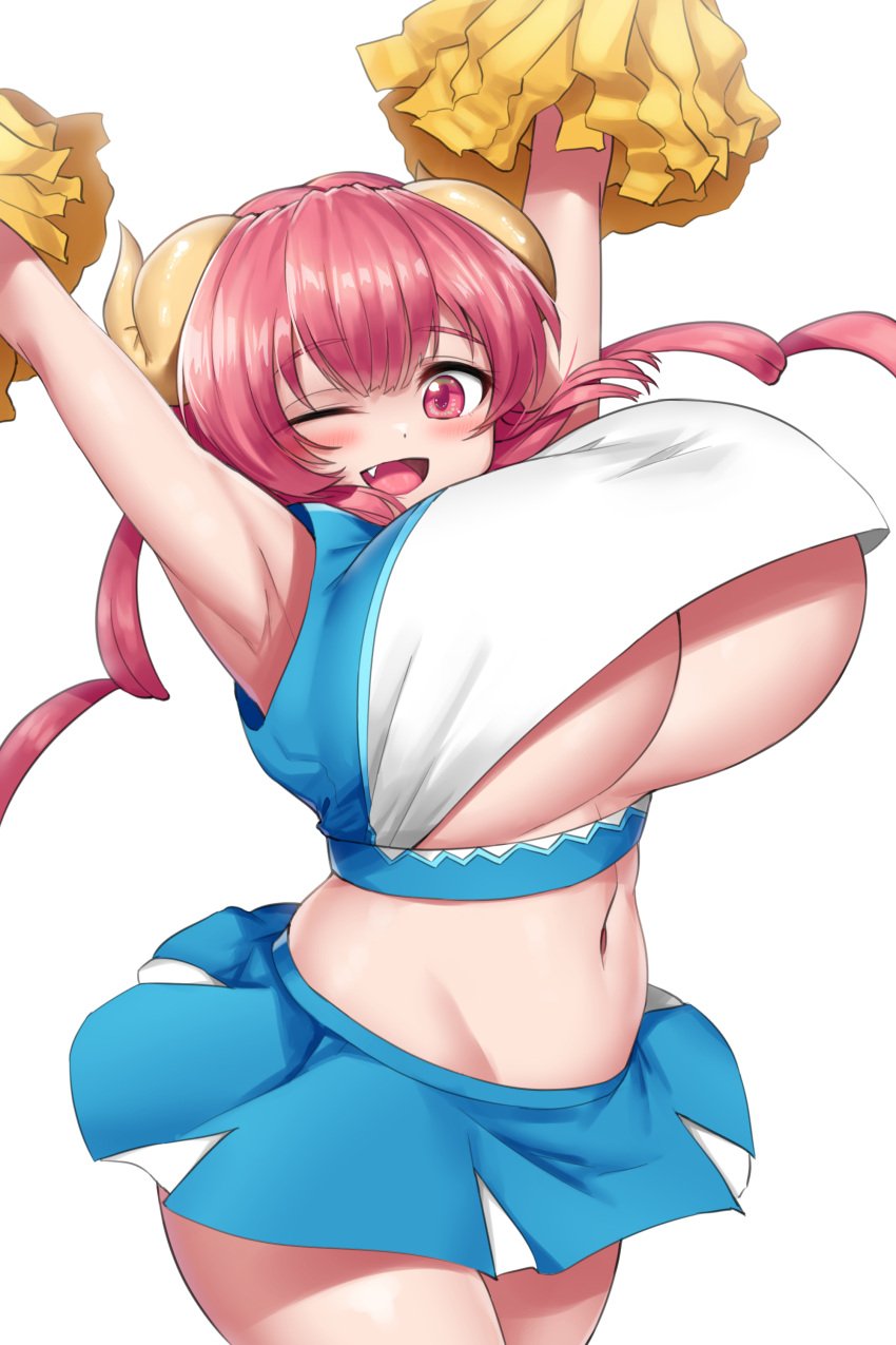 1girls 2021 2d armpits arms_above_head arms_up belly_button blush bouncing_breasts breasts cheerleader cheerleader_uniform cho!cho! crop_top cute_fang dragon_girl dragon_horns female female_focus female_only hi_res horns huge_breasts ilulu_(dragon_maid) light-skinned_female light_skin long_hair massive_breasts miss_kobayashi's_dragon_maid one_eye_closed pale-skinned_female pale_skin pink_eyes pink_hair pom_poms short_skirt simple_background skirt smile thick_thighs thighs twintails underboob white_background