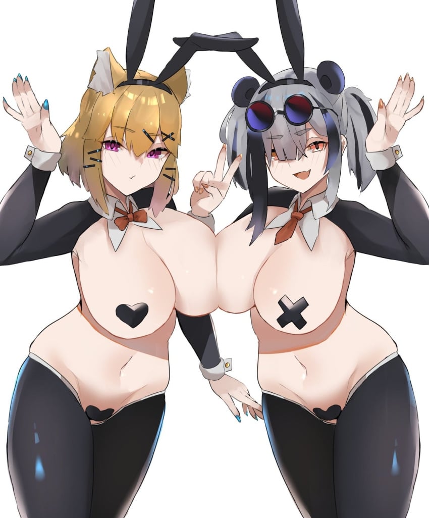 2021 2girls animal_ears arknights arm_up arms_up belly big_breasts black_heart_pasties black_pasties blonde_hair blush bow breast_press breast_to_breast breasts bunny_ears cleavage covered_nipples covered_pussy detached_collar dirty_blonde dirty_blonde_hair fake_animal_ears feater_(arknights) female female_focus female_only grey_hair hair_clip hair_clips hairclip heart_pasties image looking_at_viewer multiple_girls nail_polish nails navel necktie nipple_pasties no_bra no_panties orange_eyes pasties peace_sign purple_eyes pussy_pasty reverse_bunnysuit sandy_blonde sandy_blonde_hair simple_background sunglasses sunglasses_on_forehead sunglasses_on_head twintails unknownnoname0 utage_(arknights) v v_sign white_background wrist_cuffs x_pasties