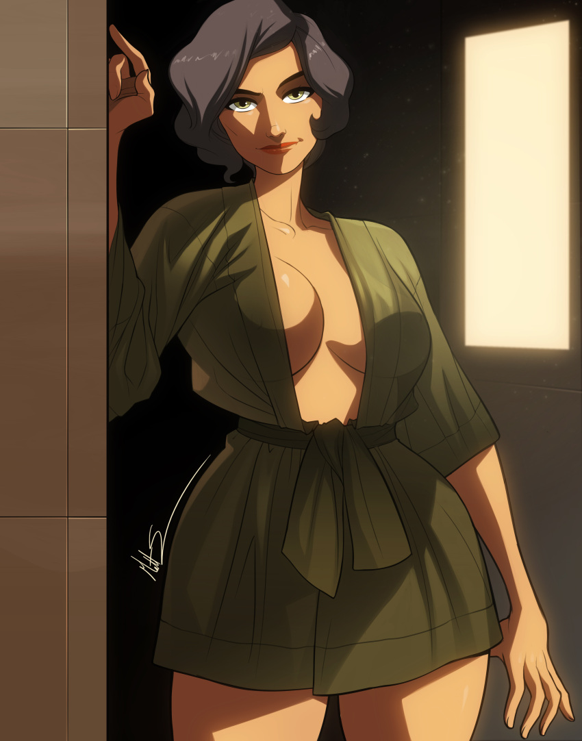 1girls artist_signature avatar_the_last_airbender big_breasts bob_cut breasts busty cleavage clothing confident cowboy_shot curvy dark-skinned_female earth_kingdom female_only green_eyes grey_hair grin hourglass_figure leaning leaning_on_wall lipstick looking_at_viewer mature_female medium_breasts milf mother nickelodeon no_bra olive_eyes open_robe robe robe_only seductive seductive_smile short_hair solo solo_female standing suyin_bei_fong tagme the_legend_of_korra thick_thighs thin_waist triplexmile voluptuous window