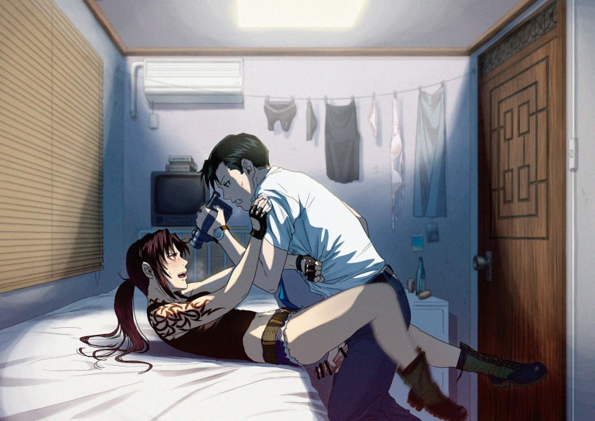 1boy 2020s 2021 air_conditioner azasuke bed between_legs black_lagoon black_shirt blush boots bra bra_removed censored cutoffs denim denim_shorts female filming fingerless_gloves from_side gloves highres midriff missionary navel okajima_rokuro panties panties_removed penis red_eyes revy sex shirt shorts sports_bra sweat tattoo television thighs tribal_tattoo underwear venetian_blinds video_camera watch white_bra white_panties white_shirt wristwatch