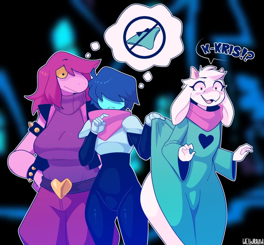 1boy 1girls aged_up anthro artist_name ass big_ass big_butt blue_skin blush blushing bottom_heavy bottomless breasts bubble_ass bubble_butt bulge butt checking_out deltarune female femboy fur furry gay hair_over_eyes inkplasm kris_(deltarune) lifting_clothing looking_at_ass male no_panties pink_skin ralsei ralsei_with_white_fur susie_(deltarune) welwraith white_fur