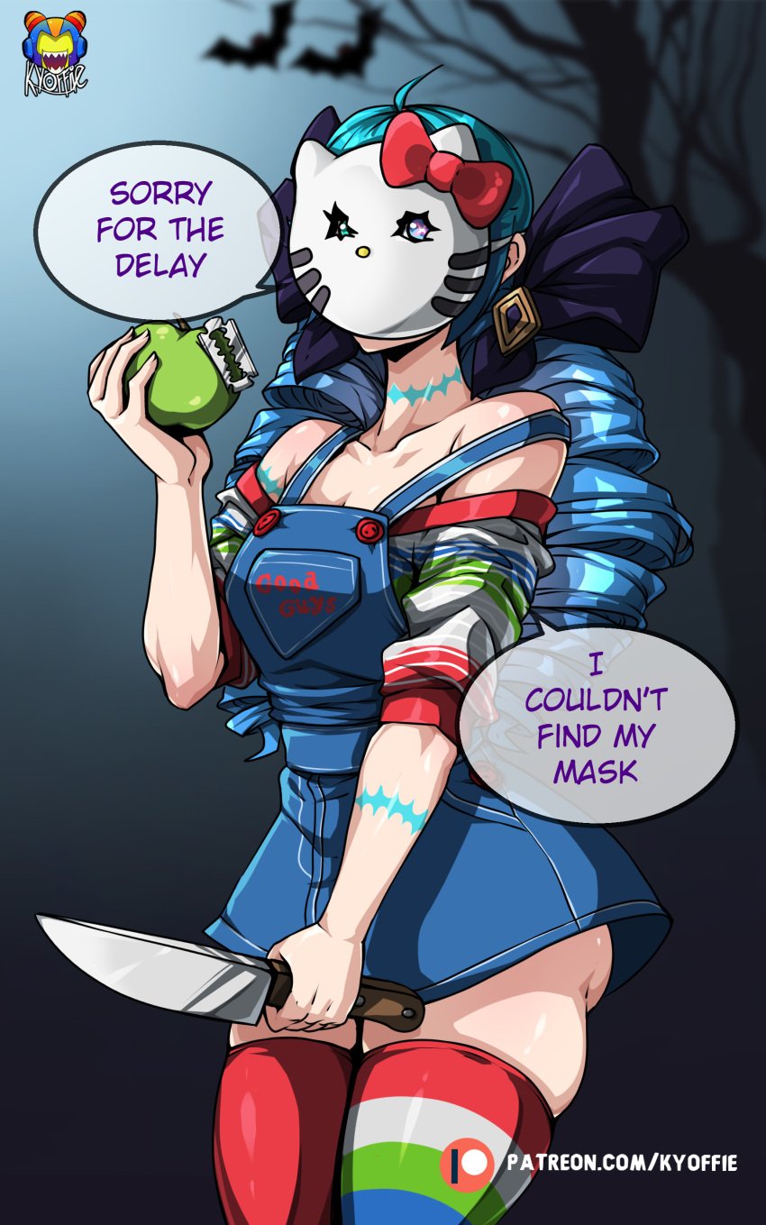 blue_eyes blue_hair costume dialogue english_text female gwen_(league_of_legends) halloween kyoffie league_of_legends masked solo tagme text