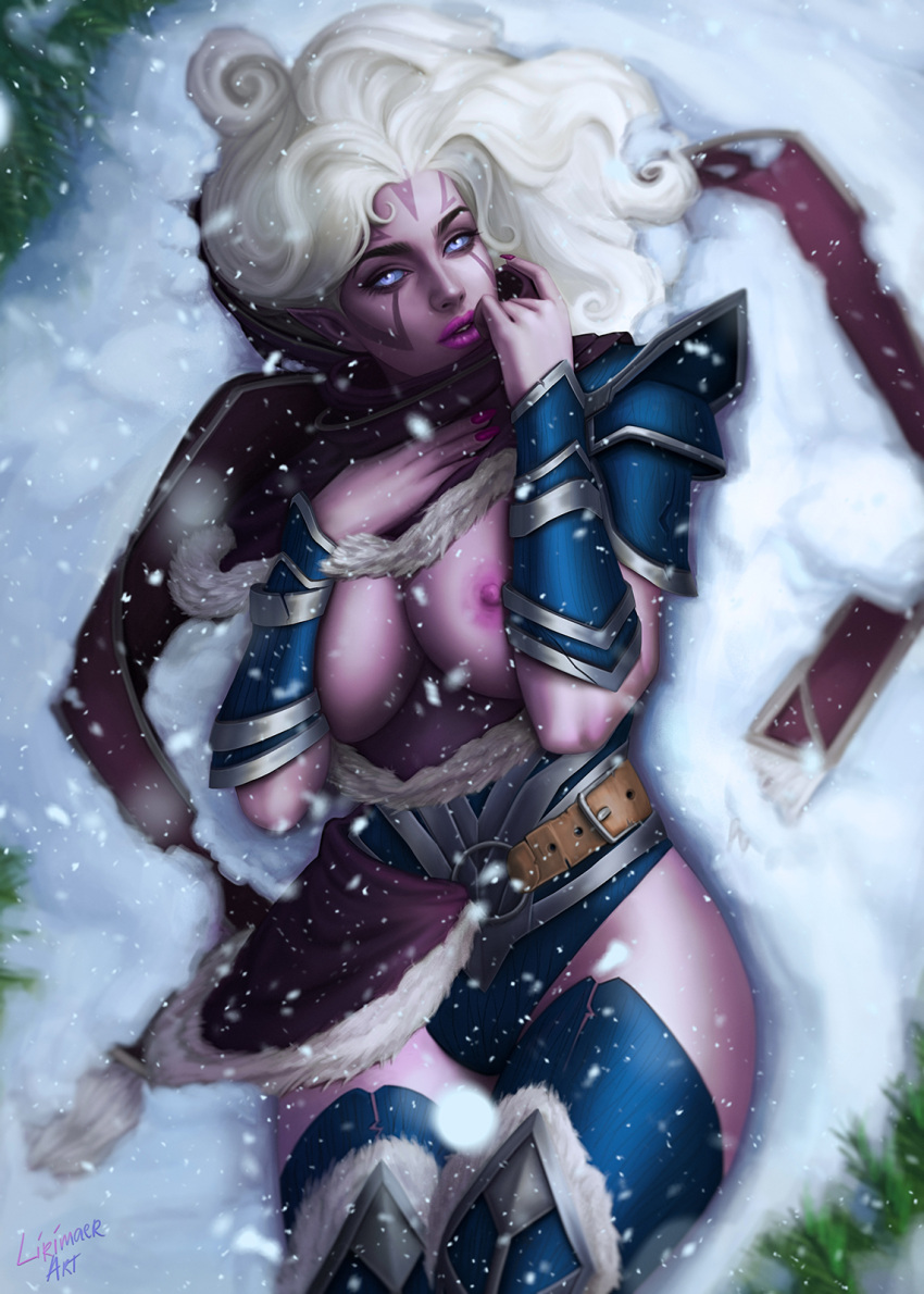 1girls armor breasts breasts_out dota_2 drow_ranger large_breasts lirimaer_art long_hair looking_at_viewer lying purple_skin realistic snow snowing solo white_hair