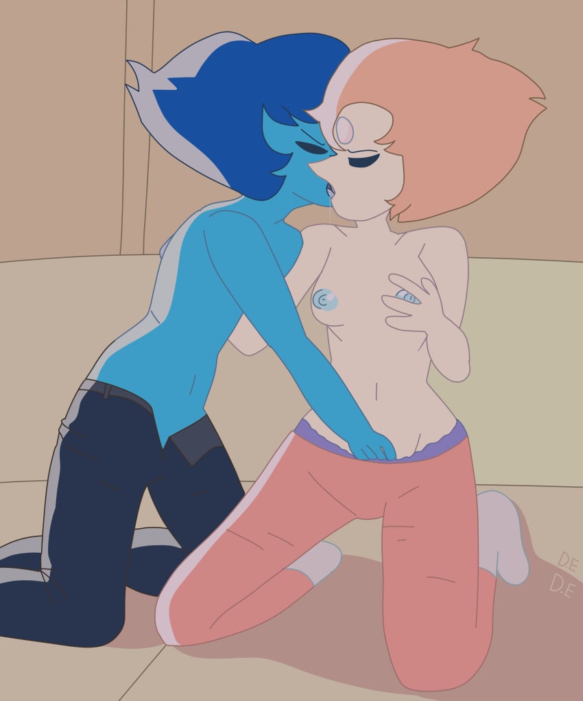 2021 2girls blue_body blue_hair blue_nipples blue_skin breast_grab breasts cartoon_network drawinecchi eyes_closed gem_(species) hands_under_clothes jeans kissing lapis_lazuli_(steven_universe) lesbian_kiss multiple_girls nipples pearl_(steven_universe) reaching_into_pants self_upload simple_background socks sofa spit steven_universe tongue yuri