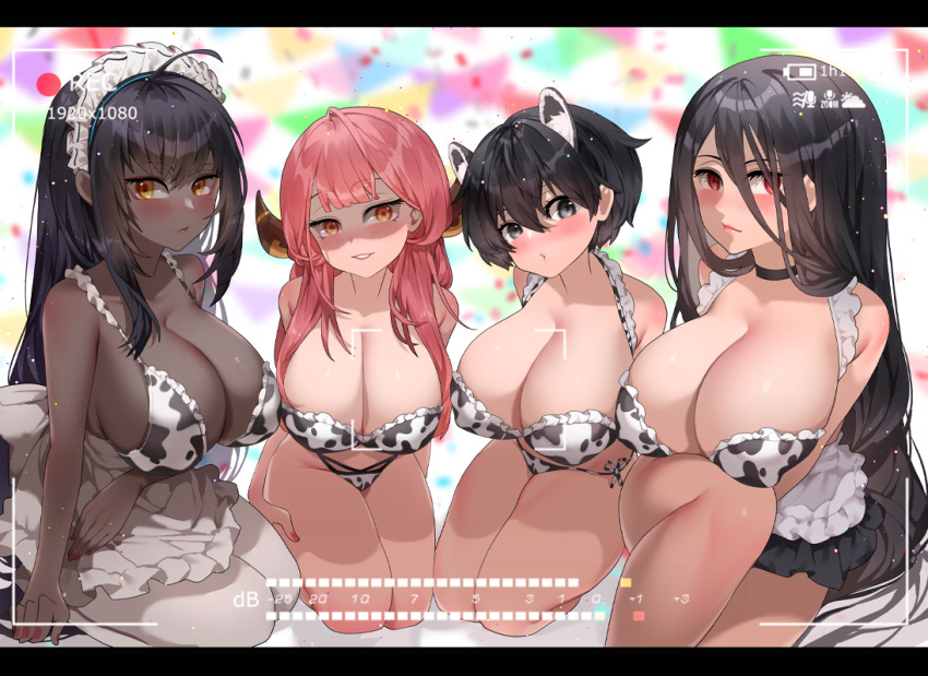 2021 4girls allied_hyakkiyako_academy_student animal_ears aru_(blue_archive) big_breasts black_hair blue_archive camera_pov camera_view cleaning_&_clearing_(blue_archive) cleavage covered_nipples cow_bikini cow_print dark-skinned_female dark_hair dark_skin gehenna_academy_student grey_eyes hasumi_(blue_archive) horns inner_discipline_club_(blue_archive) justice_task_force_(blue_archive) karin_(blue_archive) looking_at_viewer maid maid_headdress millennium_science_school_student multiple_girls pink_hair problem_solver_68_(blue_archive) red_eyes seiza simple_background sumisumii thick_thighs thighs trinity_general_school_student tsubaki_(blue_archive) yellow_eyes