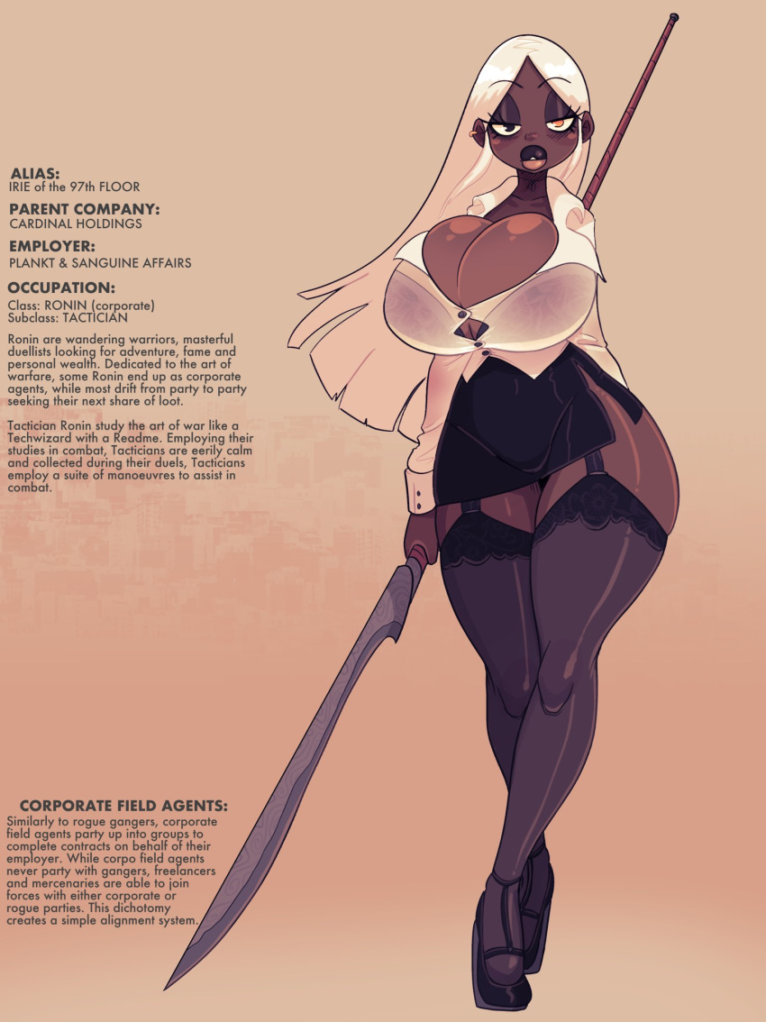 1girls breasts carbon_pink character_sheet cleavage cyberpunk dark-skinned_female female female_only heterochromia huge_breasts irie_(jack_cayless) jack_cayless ronin solo thick_thighs thighhighs tight_clothing tight_fit tight_skirt weapon wide_hips