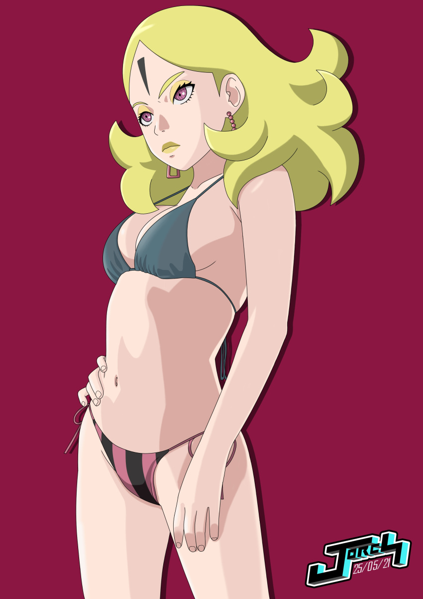 1girls 2021 adapted_costume bikini boruto:_naruto_next_generations breasts dated delta_(boruto) earrings eyeshadow female female_only hand_on_waist jorch_jacg lipstick makeup midriff naruto naruto_(series) petite pink_eyes side-tie_bikini solo solo_focus striped_bikini swimsuit unusual_pupils yellow_hair