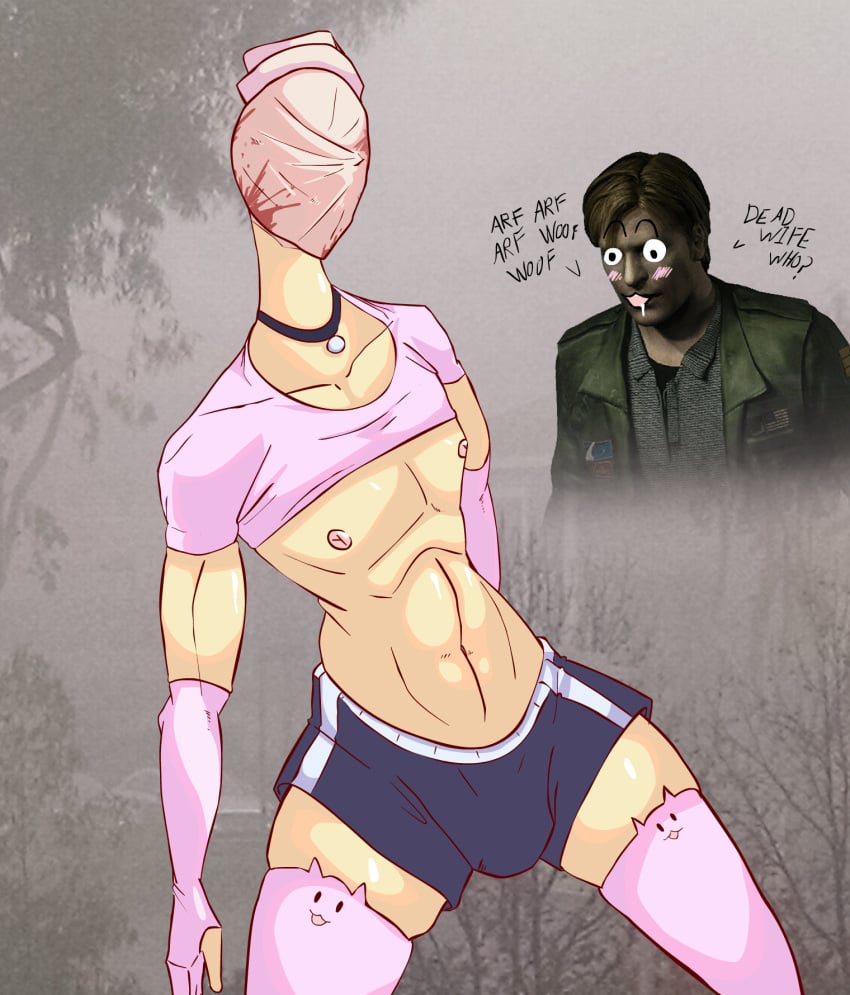 2boys bulge choker crop_top femboy gloves horror icantseehelp james_sunderland male male_only multiple_boys nightmare_husbando nipples no_face nurse nurse_cap shorts silent_hill silent_hill_2 solo_focus thighhighs