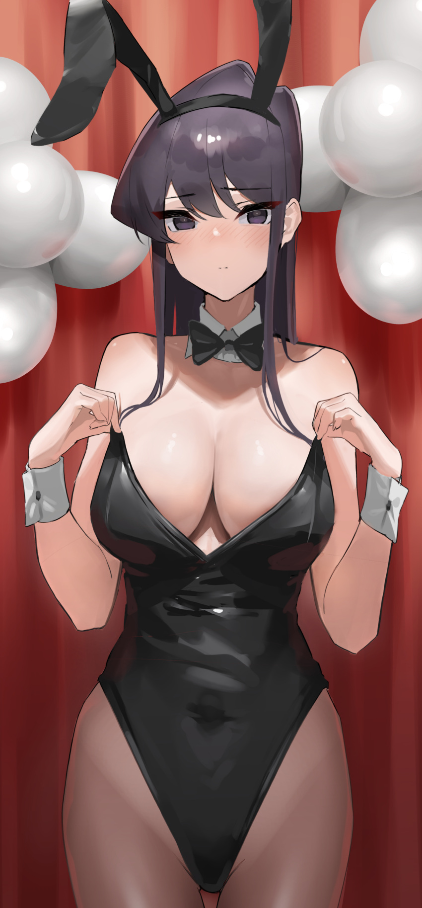 absurdres animal_ears balloon bangs bare_shoulders black_bow black_bowtie black_eyes black_leotard bow bowtie breasts bunny_ears cleavage closed_mouth cowboy_shot detached_collar eyebrows_visible_through_hair fake_animal_ears female groin hands_up highleg highleg_leotard highres komi-san_wa_komyushou_desu komi_shouko large_breasts leotard long_hair looking_at_viewer playboy_bunny rabbit_ears shiny shiny_skin solo strapless strapless_leotard takita wrist_cuffs