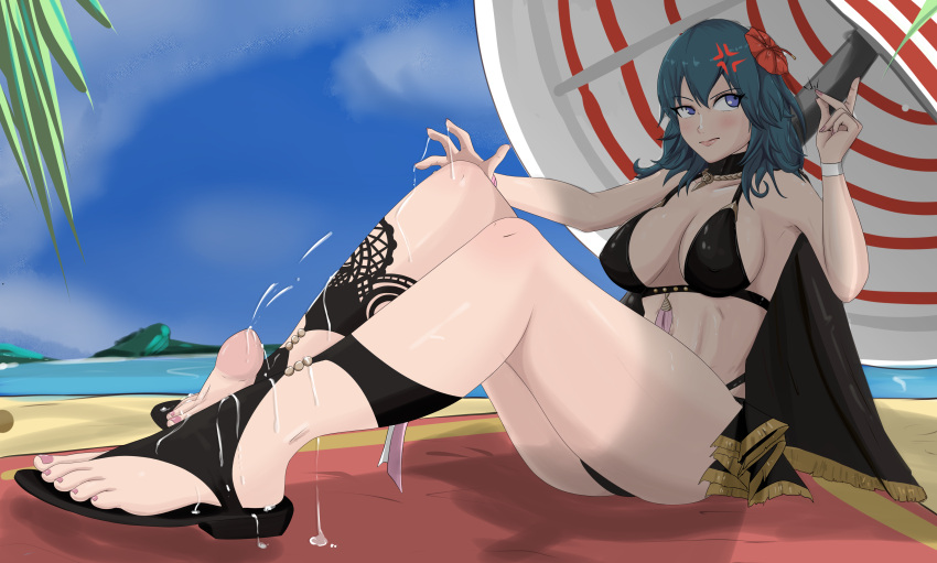 1girls alternate_costume anger_vein angry ass beach bikini black_bikini black_swimsuit blue_eyes blue_hair breasts byleth_(fire_emblem) byleth_(fire_emblem)_(female) byleth_(summer)_(fire_emblem)_(female) cape covered_nipples cum cum_on_feet ejaculation feet female fire_emblem fire_emblem:_three_houses fire_emblem_heroes foot_fetish footjob large_breasts mrff25 nail_polish nintendo ocean official_alternate_costume parasol penis pink_nails sand sandaljob sandals shoejob sideboob solo_focus source_smaller swimsuit teal_hair umbrella