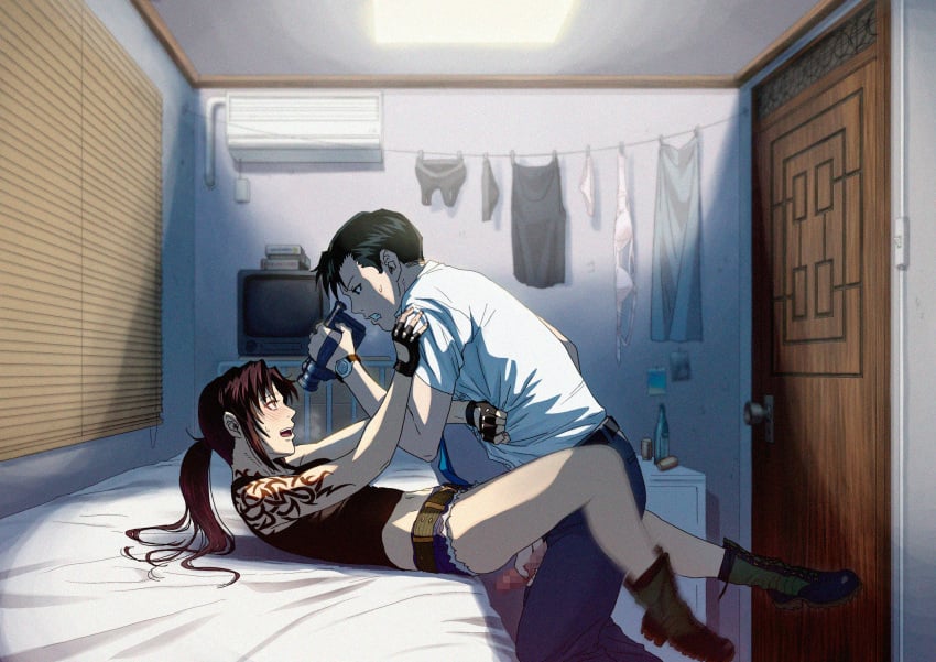 1boy 2020s 2021 air_conditioner azasuke bar_censor bed between_legs black_lagoon black_shirt blush boots bra bra_removed censored clothesline commentary cutoffs denim denim_shorts female film_grain filming fingerless_gloves from_side gloves highres imminent_penetration midriff missionary navel okajima_rokuro panties panties_removed penis penis_grab ponytail red_eyes revy sex shirt shorts sports_bra sweat tattoo television thighs tribal_tattoo underwear venetian_blinds video_camera watch white_bra white_panties white_shirt wristwatch