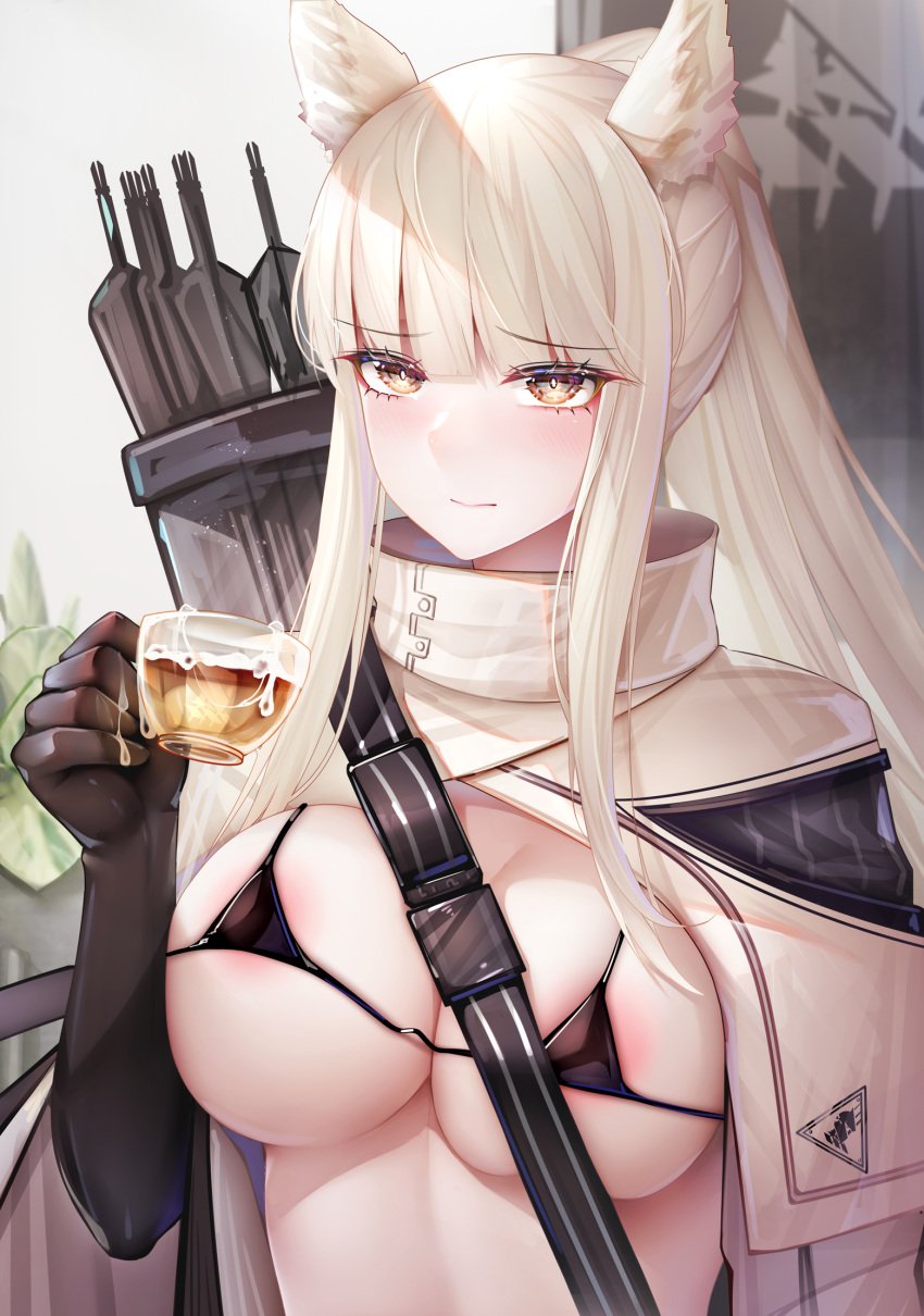 animal_ears areola_slip areolae arknights arrow_(projectile) bangs bikini binggong_asylum black_bikini black_gloves breasts chinese_commentary commentary_request cum cup eyebrows_visible_through_hair female female gloves hand_up highres holding holding_cup jacket kingdom_of_kazimierz_logo large_breasts long_hair looking_at_viewer micro_bikini midriff platinum_(arknights) quiver silver_hair solo swimsuit teacup translation_request unaligned_breasts upper_body white_jacket yellow_eyes