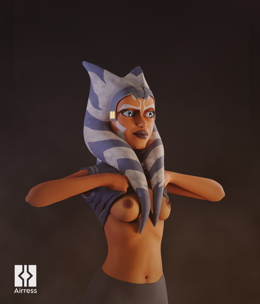 1girls 2021 3d ahsoka_tano airress3d airress3d_(3d-modeller) alien_girl athletic_female blue_eyes breasts clone_wars clothed clothing female_focus female_only hi_res medium_breasts navel nipples revealing_clothes shirt_lift simple_background smile solo star_wars the_clone_wars:_season_seven togruta watermark