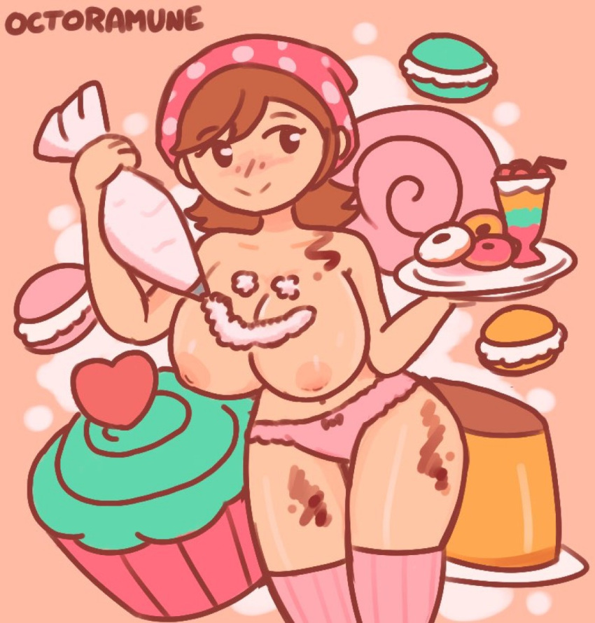 big_breasts breasts brown_hair cooking_mama cupcake donut donuts eyebrows_visible_through_hair icing icing_on_breasts leggings macaron mama_(cooking_mama) mango_pudding milkshake mob_face octoramune panties pink_legwear pink_panties smile