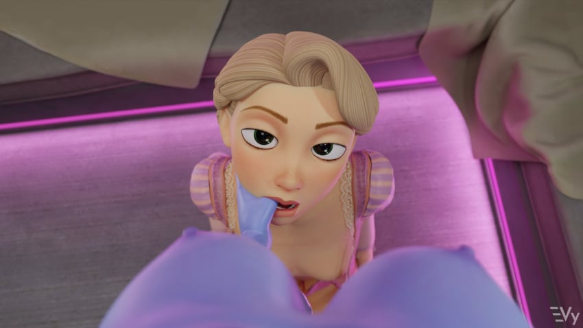 2girls 3d blizzard_entertainment blue_skin breasts clothed crossover disney disney_princess exposed_breasts female_only female_pov indoors looking_at_viewer mouth_hold mouth_open nipples overwatch pov rapunzel tagme tangled vulpeculy widowmaker yuri