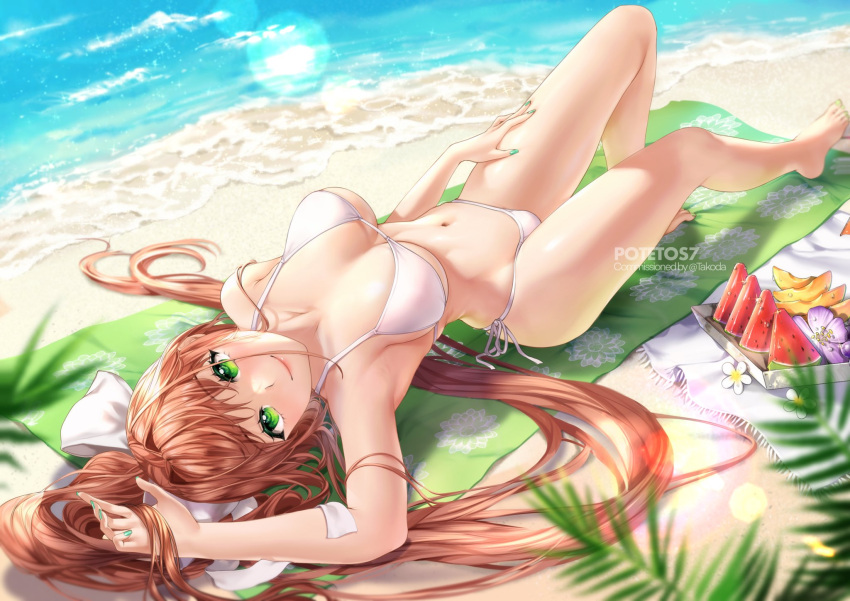 1girls beach beach_towel bikini brown_hair doki_doki_literature_club green_eyes hand_on_thigh long_hair looking_at_viewer lying_on_back monika_(doki_doki_literature_club) ponytail potetos7 smile solo solo_female swimsuit teenage_girl teenager water white_bikini