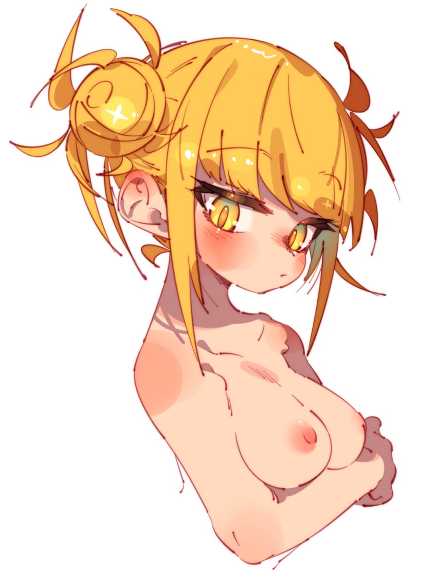 1girls blonde_hair blush breasts himiko_toga looking_at_viewer my_hero_academia nude rasusurasu simple_background solo yellow_eyes