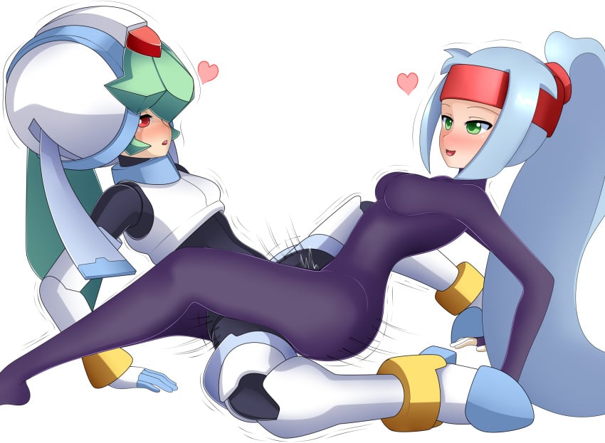 2girls ashe_(megaman_zx) cute green_eyes heart lluanhyperzero mega_man mega_man_zx mega_man_zx_advent multiple_girls pandora_(mega_man) red_eyes scissoring tagme tribadism tribadism_through_clothing white_background yuri