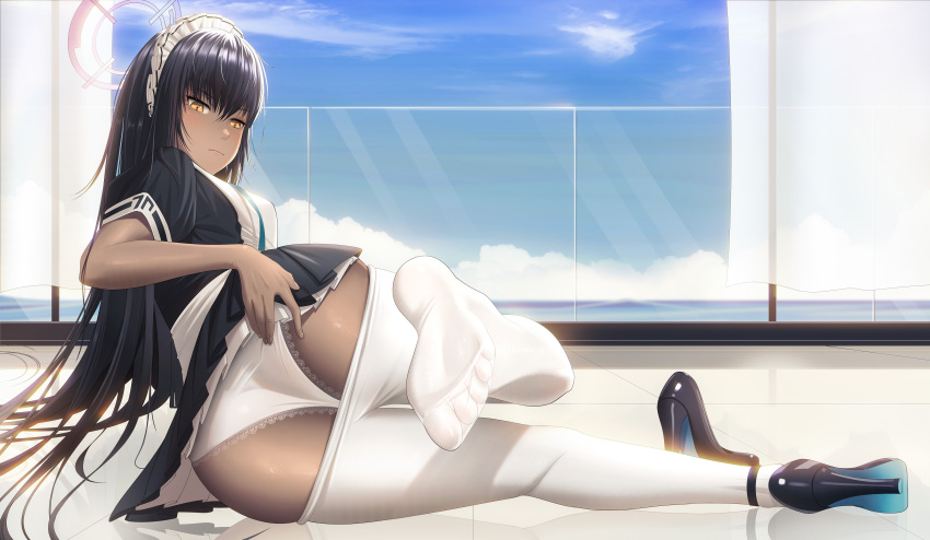 absurd_res ass black_hair blue_archive blush cleaning_&_clearing_(blue_archive) dark_skin highres karin_(blue_archive) legs long_hair maid_uniform millennium_science_school_student orange_eyes panties white_panties yuhang