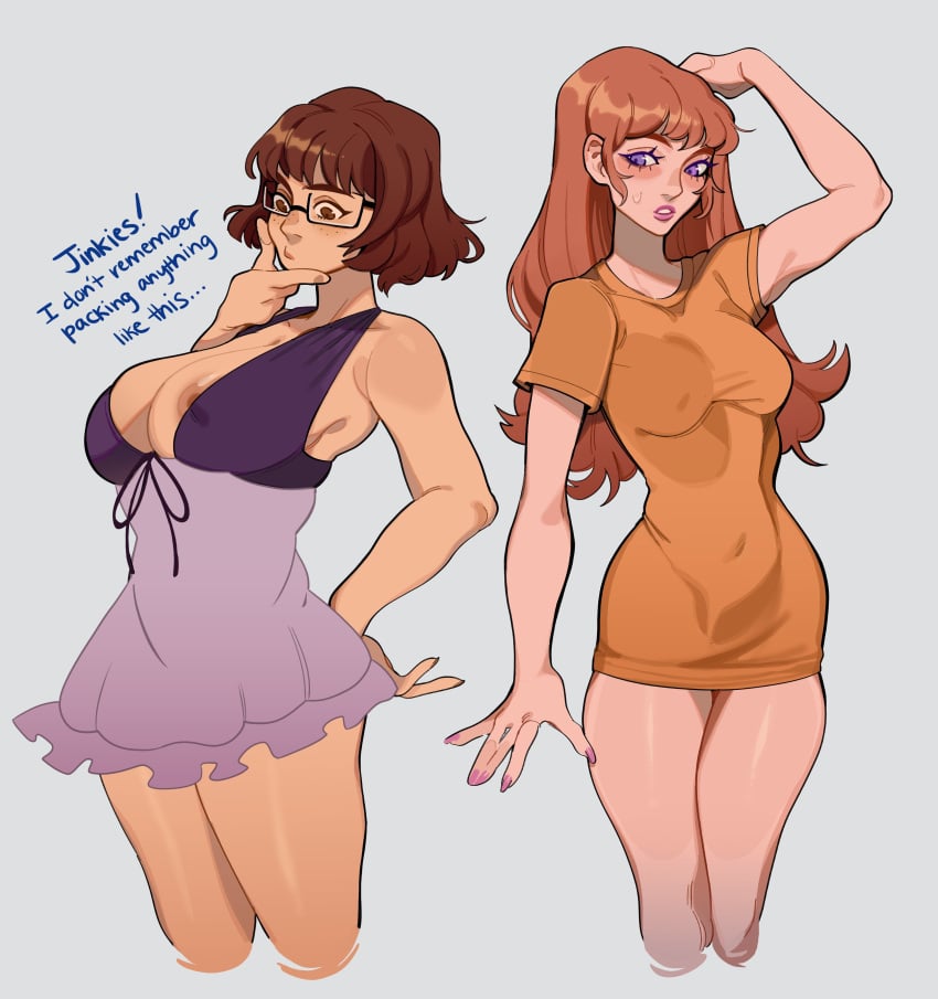 2girls areolae babydoll brown_hair costume_switch daphne_blake female_only glasses grey_background hand_on_chin hanna-barbera jinkies! large_breasts long_hair medium_breasts nail_polish nipple_slip nipples orange_hair porqueloin purple_eyes rectangular_eyewear scooby-doo scooby-doo!_stage_fright shirt short_hair simple_background thinking velma_dinkley