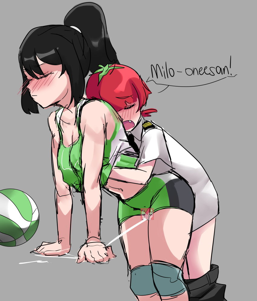 1boy 1girls breast_grab closed_eyes cum cum_outside ejaculation_between_thighs female milo-chan milo_(drink) nestle outercourse ponytail red_hair smaller_male thigh_job thigh_sex tomachan_(tomarusan) tomarusan