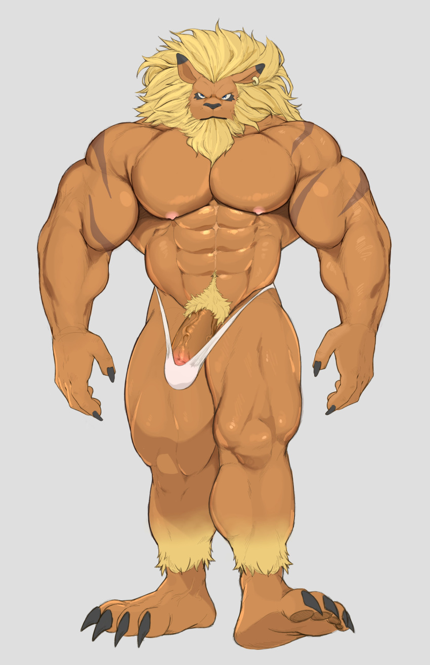 1boy 2021 4_toes abs absurd_res ankle_tuft anthro bandai_namco barazoku big_muscles big_penis black_claws black_nose blonde_hair blue_eyes body_hair claws clothed clothing dick_root digimon digimon_(species) ear_piercing ear_ring feet fur genitals glans hair happy_trail hi_res huge_muscles humanoid_genitalia humanoid_hands humanoid_penis ineffective_clothing leg_tuft leomon leonine looking_at_viewer male male_nipples male_only male_pubic_hair male_thong mane manly masculine mature_male muscular muscular_anthro muscular_male nipples orange_body orange_fur pecs penis piercing pink_glans pink_nipples plantigrade pubes scar simple_background solo standing thedragonred12 thong toes topless tuft underwear underwear_only vein veiny_penis