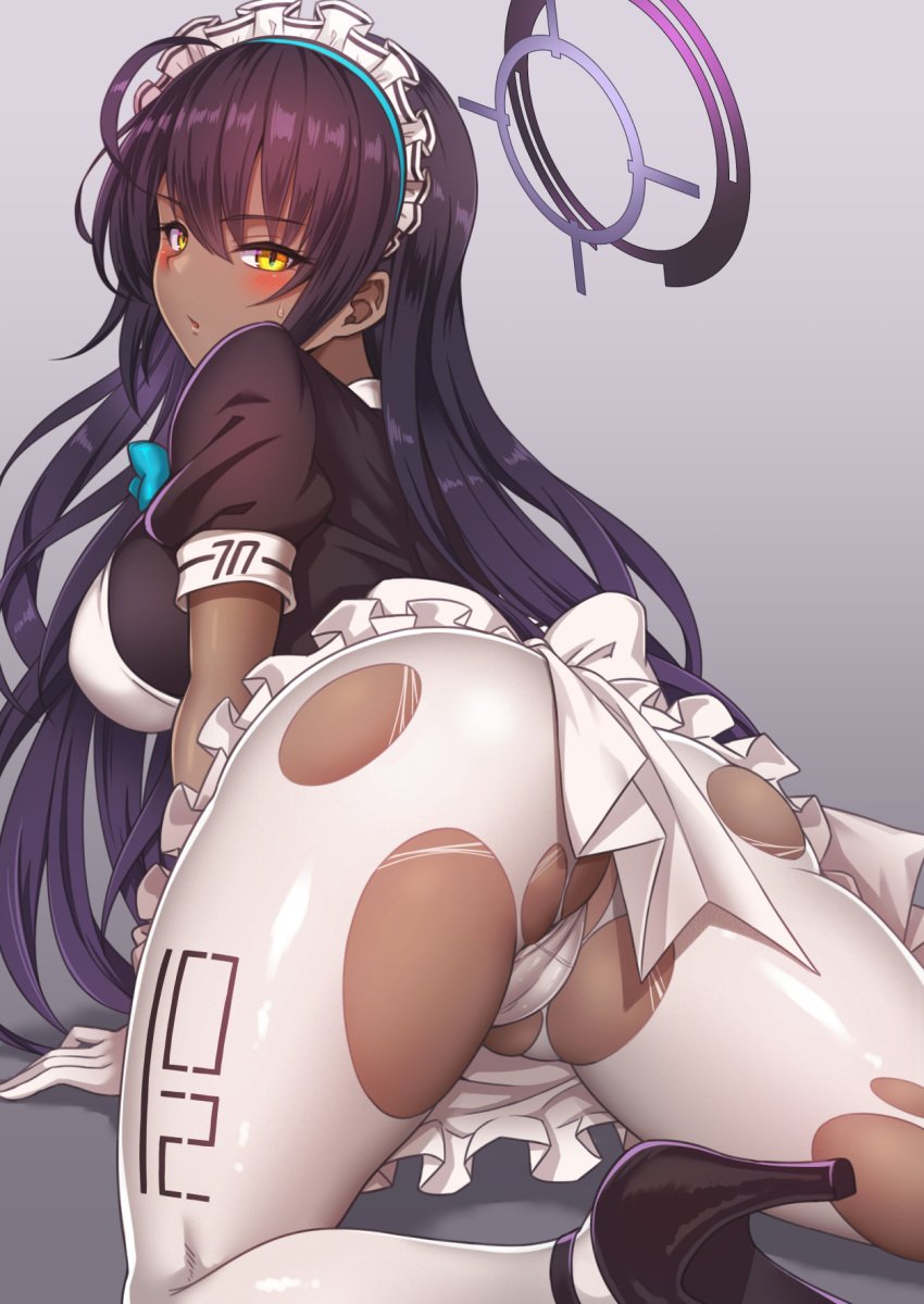 1girls 2021 ahoge all_fours apron arm_support ass back_bow bangs black_hair blue_archive blush bow breasts cameltoe cleaning_&_clearing_(blue_archive) dark-skinned_female dark_skin eyebrows_visible_through_hair female female_focus female_only frilled_apron frills from_behind gloves halo high_heels highres karin_(blue_archive) large_breasts long_hair looking_at_viewer looking_back maid maid_apron maid_headdress millennium_science_school_logo_(blue_archive) millennium_science_school_student no_pants panties pantyhose parted_lips shiny shiny_clothes shirt shoes short_sleeves sidelocks skindentation solo solo_female torn_clothes torn_legwear underwear very_long_hair white_apron white_gloves white_legwear yasojima_nejiro yellow_eyes